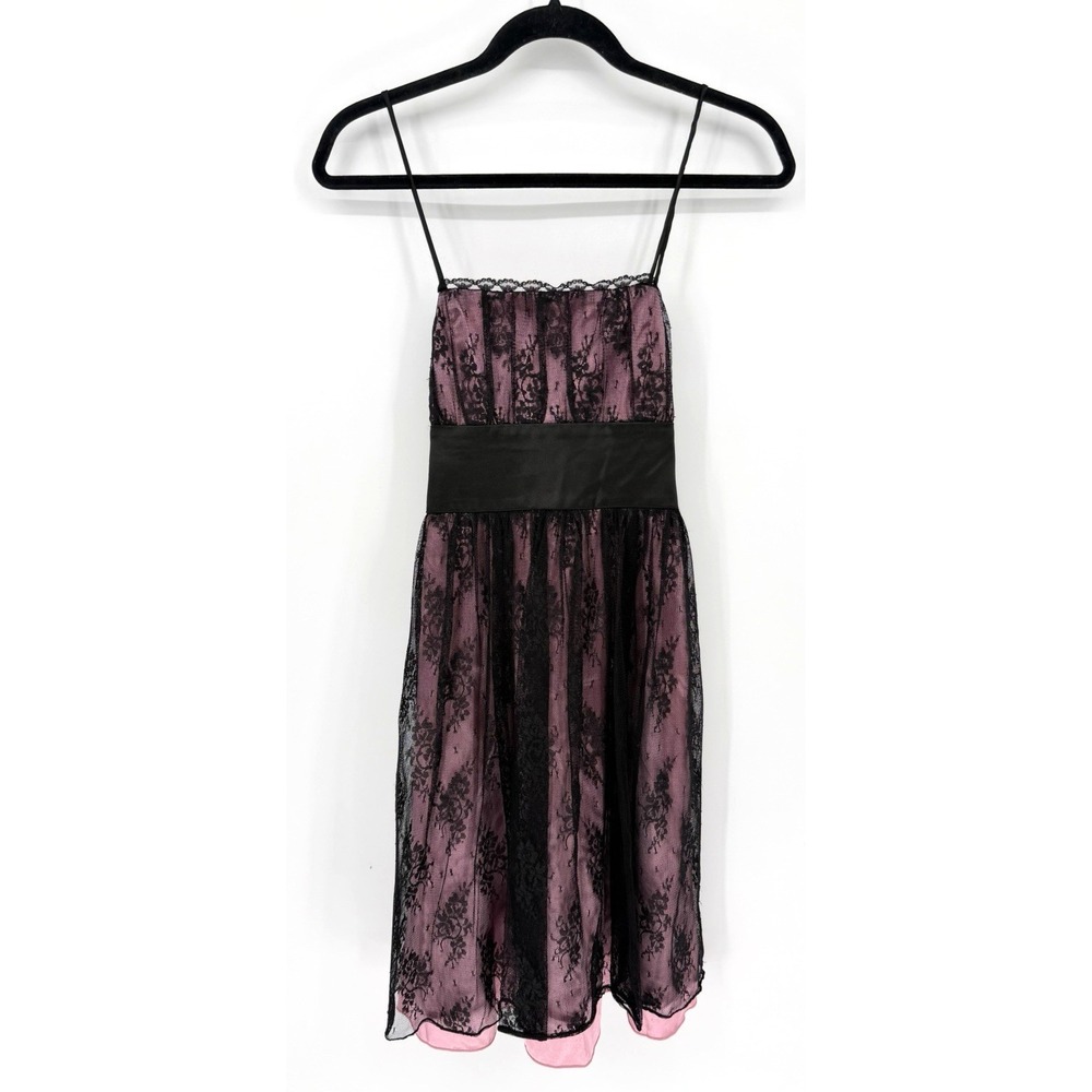 Vtg Black Pink Floral Lace Dress Small Sheer Overlay Spaghetti Strap Whimsigoth